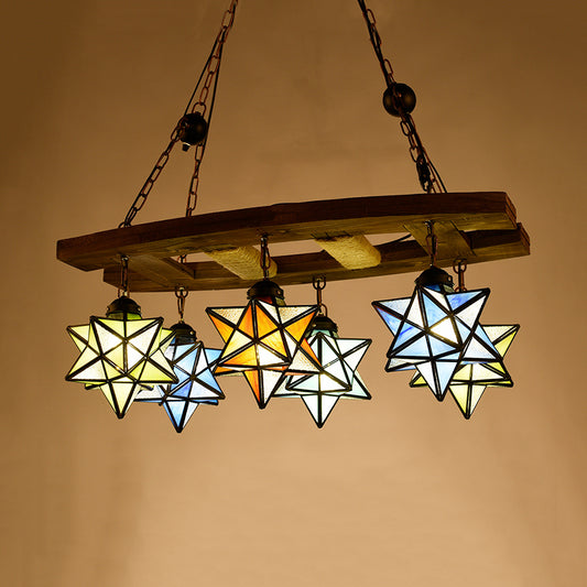 Multi Color Star Chandelier Stained Glass 6 Lights Rustic Loft Hanging Pendant Light in Rust for Bar Clearhalo 'Ceiling Lights' 'Chandeliers' 'Industrial' 'Middle Century Chandeliers' 'Tiffany Chandeliers' 'Tiffany close to ceiling' 'Tiffany' Lighting' 94426