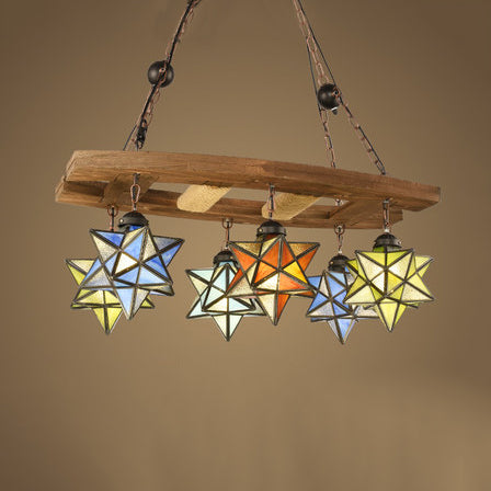Multi Color Star Chandelier Stained Glass 6 Lights Rustic Loft Hanging Pendant Light in Rust for Bar Clearhalo 'Ceiling Lights' 'Chandeliers' 'Industrial' 'Middle Century Chandeliers' 'Tiffany Chandeliers' 'Tiffany close to ceiling' 'Tiffany' Lighting' 94427