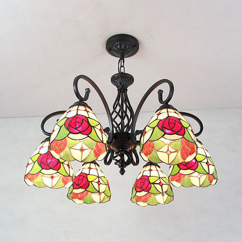 Red Rose Chandelier Light with Dome Shade Lodge Style 6 Lights Glass Pendant Light for Stairway Red Clearhalo 'Ceiling Lights' 'Chandeliers' 'Industrial' 'Middle Century Chandeliers' 'Tiffany Chandeliers' 'Tiffany close to ceiling' 'Tiffany' Lighting' 94435