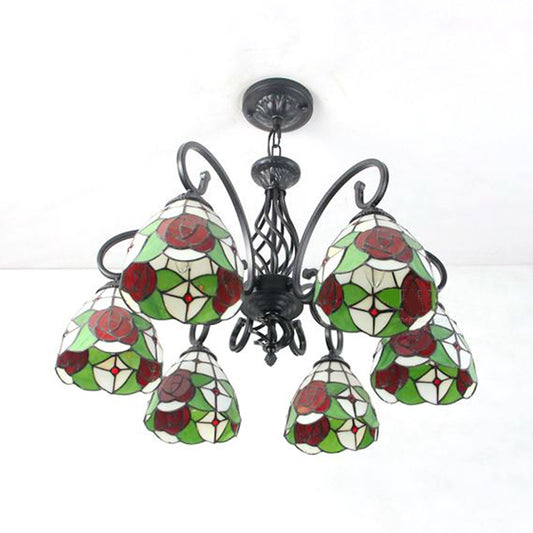 Red Rose Chandelier Light with Dome Shade Lodge Style 6 Lights Glass Pendant Light for Stairway Clearhalo 'Ceiling Lights' 'Chandeliers' 'Industrial' 'Middle Century Chandeliers' 'Tiffany Chandeliers' 'Tiffany close to ceiling' 'Tiffany' Lighting' 94436