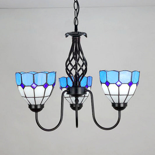 Nautical Bowl Pendant Light with Gooseneck Blue Glass 3 Lights Ceiling Chandelier for Foyer Blue Clearhalo 'Ceiling Lights' 'Chandeliers' 'Industrial' 'Middle Century Chandeliers' 'Tiffany Chandeliers' 'Tiffany close to ceiling' 'Tiffany' Lighting' 94483