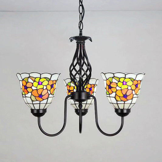 Stained Glass Flower Pendant Light with Adjustable Chain and Gooseneck 3 Lights Tiffany Chandelier in Orange Orange Clearhalo 'Ceiling Lights' 'Chandeliers' 'Industrial' 'Middle Century Chandeliers' 'Tiffany Chandeliers' 'Tiffany close to ceiling' 'Tiffany' Lighting' 94488