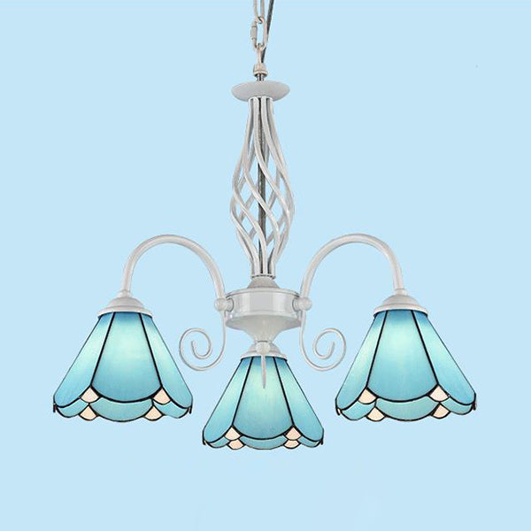 Blue Glass Cone Chandelier Light with Hanging Chain Traditional 3 Lights Indoor Lighting for Dining Room Clearhalo 'Ceiling Lights' 'Chandeliers' 'Industrial' 'Middle Century Chandeliers' 'Tiffany Chandeliers' 'Tiffany close to ceiling' 'Tiffany' Lighting' 94499