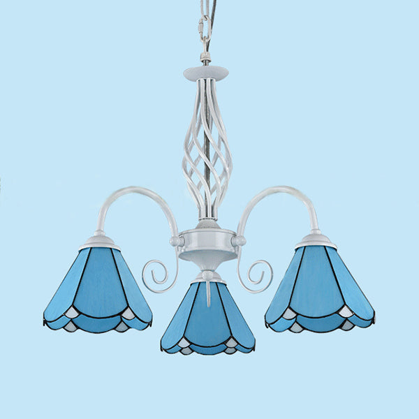 Blue Glass Cone Chandelier Light with Hanging Chain Traditional 3 Lights Indoor Lighting for Dining Room Clearhalo 'Ceiling Lights' 'Chandeliers' 'Industrial' 'Middle Century Chandeliers' 'Tiffany Chandeliers' 'Tiffany close to ceiling' 'Tiffany' Lighting' 94500