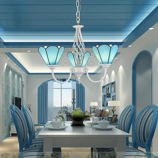 Blue Glass Cone Chandelier Light with Hanging Chain Traditional 3 Lights Indoor Lighting for Dining Room Blue Clearhalo 'Ceiling Lights' 'Chandeliers' 'Industrial' 'Middle Century Chandeliers' 'Tiffany Chandeliers' 'Tiffany close to ceiling' 'Tiffany' Lighting' 94501