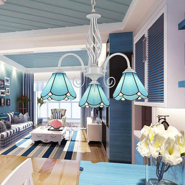 Blue Glass Cone Chandelier Light with Hanging Chain Traditional 3 Lights Indoor Lighting for Dining Room Clearhalo 'Ceiling Lights' 'Chandeliers' 'Industrial' 'Middle Century Chandeliers' 'Tiffany Chandeliers' 'Tiffany close to ceiling' 'Tiffany' Lighting' 94502