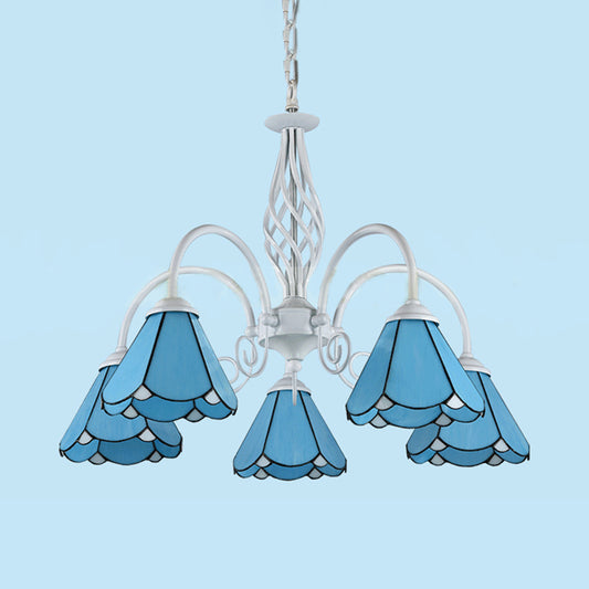 5 Lights Cone Hanging Light with Metal Chain and Gooseneck Stained Glass Vintage Blue Chandelier Clearhalo 'Ceiling Lights' 'Chandeliers' 'Industrial' 'Middle Century Chandeliers' 'Tiffany Chandeliers' 'Tiffany close to ceiling' 'Tiffany' Lighting' 94506