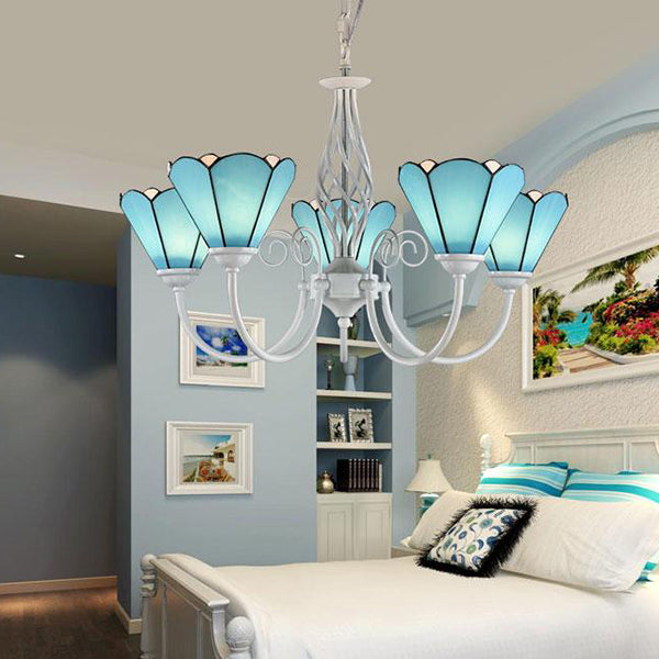 5 Lights Cone Hanging Light with Metal Chain and Gooseneck Stained Glass Vintage Blue Chandelier Blue Clearhalo 'Ceiling Lights' 'Chandeliers' 'Industrial' 'Middle Century Chandeliers' 'Tiffany Chandeliers' 'Tiffany close to ceiling' 'Tiffany' Lighting' 94507