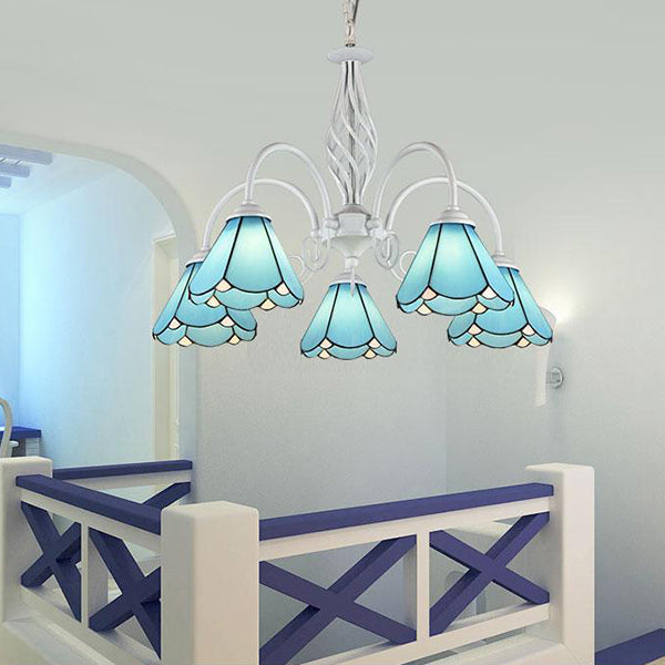 5 Lights Cone Hanging Light with Metal Chain and Gooseneck Stained Glass Vintage Blue Chandelier Clearhalo 'Ceiling Lights' 'Chandeliers' 'Industrial' 'Middle Century Chandeliers' 'Tiffany Chandeliers' 'Tiffany close to ceiling' 'Tiffany' Lighting' 94508