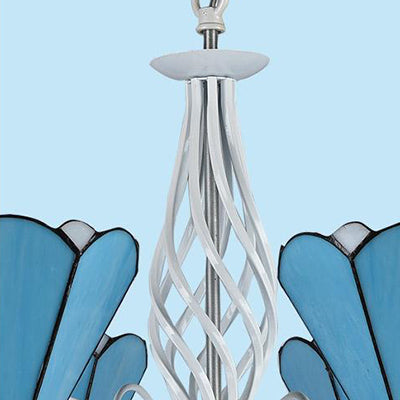 5 Lights Cone Hanging Light with Metal Chain and Gooseneck Stained Glass Vintage Blue Chandelier Clearhalo 'Ceiling Lights' 'Chandeliers' 'Industrial' 'Middle Century Chandeliers' 'Tiffany Chandeliers' 'Tiffany close to ceiling' 'Tiffany' Lighting' 94509