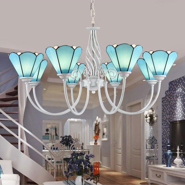 Multi Light Conical Chandelier with White Gooseneck Traditional Blue Glass Ceiling Pendant for Living Room Blue Clearhalo 'Ceiling Lights' 'Chandeliers' 'Industrial' 'Middle Century Chandeliers' 'Tiffany Chandeliers' 'Tiffany close to ceiling' 'Tiffany' Lighting' 94529
