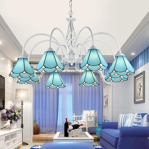 Multi Light Conical Chandelier with White Gooseneck Traditional Blue Glass Ceiling Pendant for Living Room Clearhalo 'Ceiling Lights' 'Chandeliers' 'Industrial' 'Middle Century Chandeliers' 'Tiffany Chandeliers' 'Tiffany close to ceiling' 'Tiffany' Lighting' 94530