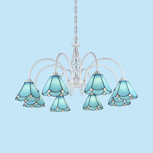 Tiffany Blue Hanging Light with Conical Shade Adjustable Chain Glass Ceiling Chandelier for Hallway Clearhalo 'Ceiling Lights' 'Chandeliers' 'Industrial' 'Middle Century Chandeliers' 'Tiffany Chandeliers' 'Tiffany close to ceiling' 'Tiffany' Lighting' 94532