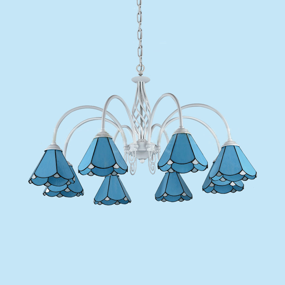 Tiffany Blue Hanging Light with Conical Shade Adjustable Chain Glass Ceiling Chandelier for Hallway Clearhalo 'Ceiling Lights' 'Chandeliers' 'Industrial' 'Middle Century Chandeliers' 'Tiffany Chandeliers' 'Tiffany close to ceiling' 'Tiffany' Lighting' 94533