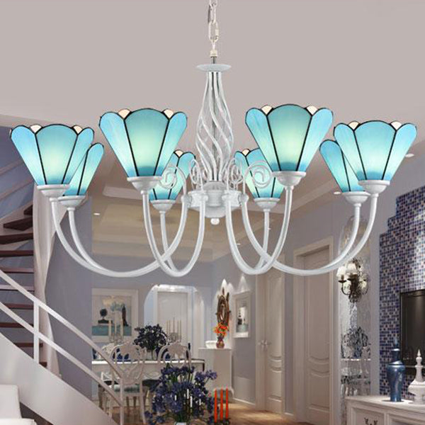 Tiffany Blue Hanging Light with Conical Shade Adjustable Chain Glass Ceiling Chandelier for Hallway Blue Clearhalo 'Ceiling Lights' 'Chandeliers' 'Industrial' 'Middle Century Chandeliers' 'Tiffany Chandeliers' 'Tiffany close to ceiling' 'Tiffany' Lighting' 94534