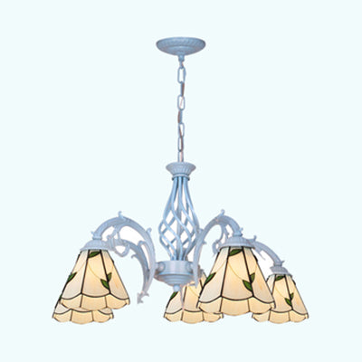 5 Lights Cone Chandelier with Leaf Pattern Height Adjustable Lodge Stained Glass Ceiling Pendant in Beige Beige Clearhalo 'Ceiling Lights' 'Chandeliers' 'Industrial' 'Middle Century Chandeliers' 'Tiffany Chandeliers' 'Tiffany close to ceiling' 'Tiffany' Lighting' 94539