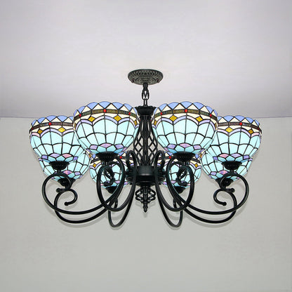 Baroque Indoor Pendant Light with Bowl Shade Stained Glass Ceiling Chandelier in Blue for Hotel Blue Clearhalo 'Ceiling Lights' 'Chandeliers' 'Industrial' 'Middle Century Chandeliers' 'Tiffany Chandeliers' 'Tiffany close to ceiling' 'Tiffany' Lighting' 94540