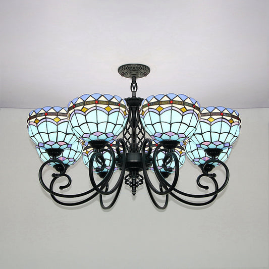 Baroque Indoor Pendant Light with Bowl Shade Stained Glass Ceiling Chandelier in Blue for Hotel Blue Clearhalo 'Ceiling Lights' 'Chandeliers' 'Industrial' 'Middle Century Chandeliers' 'Tiffany Chandeliers' 'Tiffany close to ceiling' 'Tiffany' Lighting' 94540