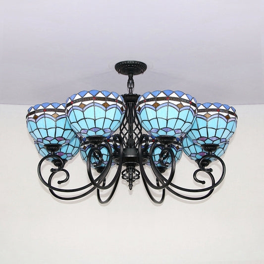 Baroque Indoor Pendant Light with Bowl Shade Stained Glass Ceiling Chandelier in Blue for Hotel Clearhalo 'Ceiling Lights' 'Chandeliers' 'Industrial' 'Middle Century Chandeliers' 'Tiffany Chandeliers' 'Tiffany close to ceiling' 'Tiffany' Lighting' 94541