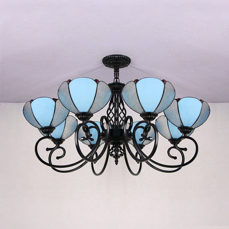 Rustic Petal Shape Chandelier Light Blue and Clear Glass Shade 8 Lights Pendant Light for Hallway Clearhalo 'Ceiling Lights' 'Chandeliers' 'Industrial' 'Middle Century Chandeliers' 'Tiffany Chandeliers' 'Tiffany close to ceiling' 'Tiffany' Lighting' 94548