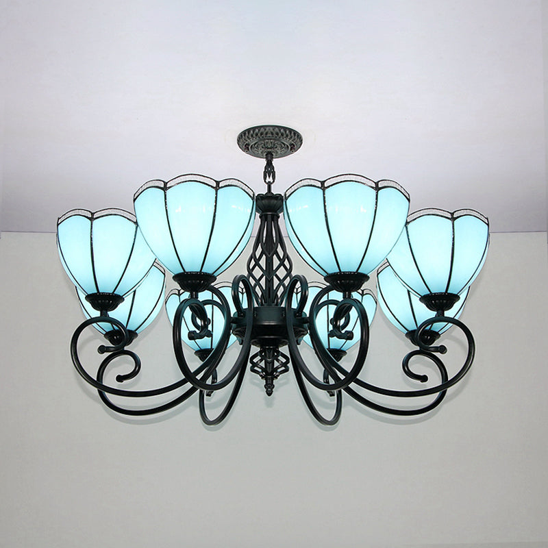 Blue Scalloped Hanging Light with Curved Arm Loft Style 8 Lights Stained Glass Chandelier in Blue Blue Clearhalo 'Ceiling Lights' 'Chandeliers' 'Industrial' 'Middle Century Chandeliers' 'Tiffany Chandeliers' 'Tiffany close to ceiling' 'Tiffany' Lighting' 94551