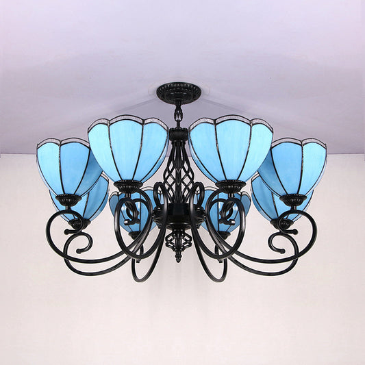 Blue Scalloped Hanging Light with Curved Arm Loft Style 8 Lights Stained Glass Chandelier in Blue Clearhalo 'Ceiling Lights' 'Chandeliers' 'Industrial' 'Middle Century Chandeliers' 'Tiffany Chandeliers' 'Tiffany close to ceiling' 'Tiffany' Lighting' 94552