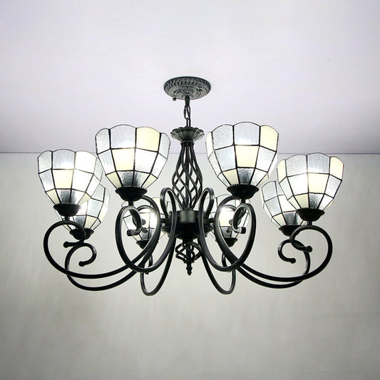 Bowl Hanging Chandelier with Black Curved Arm Tiffany 8 Lights Indoor Pendant Light in White for Hall White Clearhalo 'Ceiling Lights' 'Chandeliers' 'Industrial' 'Middle Century Chandeliers' 'Tiffany Chandeliers' 'Tiffany close to ceiling' 'Tiffany' Lighting' 94558