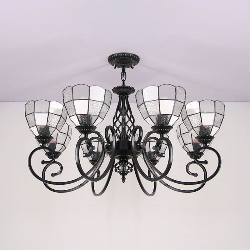 Bowl Hanging Chandelier with Black Curved Arm Tiffany 8 Lights Indoor Pendant Light in White for Hall Clearhalo 'Ceiling Lights' 'Chandeliers' 'Industrial' 'Middle Century Chandeliers' 'Tiffany Chandeliers' 'Tiffany close to ceiling' 'Tiffany' Lighting' 94559