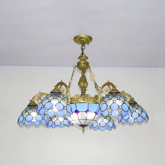 Mediterranean Dome Hanging Pendant Light Multi Light Stained Glass Chandelier Lamp in Blue Blue Clearhalo 'Ceiling Lights' 'Chandeliers' 'Industrial' 'Middle Century Chandeliers' 'Tiffany Chandeliers' 'Tiffany close to ceiling' 'Tiffany' Lighting' 94568