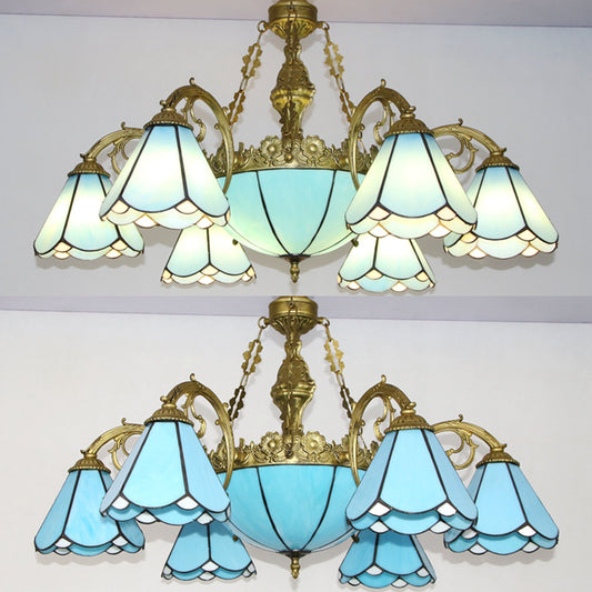 Conical Pendant Lighting with Blue Glass Shade Vintage Traditional Living Room Lighting in Blue Clearhalo 'Ceiling Lights' 'Chandeliers' 'Industrial' 'Middle Century Chandeliers' 'Tiffany Chandeliers' 'Tiffany close to ceiling' 'Tiffany' Lighting' 94575