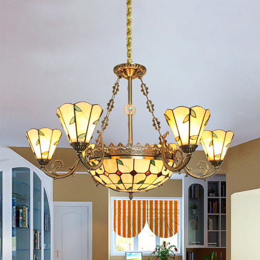 Leaf Chandelier Lighting with Bowl and Cone Shade 9 Lights Stained Glass Ceiling Pendant Beige Clearhalo 'Ceiling Lights' 'Chandeliers' 'Industrial' 'Middle Century Chandeliers' 'Tiffany Chandeliers' 'Tiffany close to ceiling' 'Tiffany' Lighting' 94579