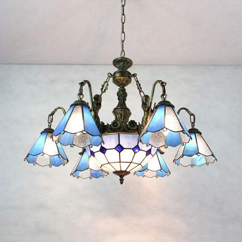 Blue 9 Lights Pendant Chandelier Tiffany Stained Glass Conical Hanging Light for Dining Room Blue Clearhalo 'Ceiling Lights' 'Chandeliers' 'Industrial' 'Middle Century Chandeliers' 'Tiffany Chandeliers' 'Tiffany close to ceiling' 'Tiffany' Lighting' 94580