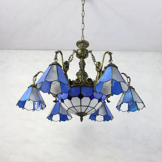 Blue 9 Lights Pendant Chandelier Tiffany Stained Glass Conical Hanging Light for Dining Room Clearhalo 'Ceiling Lights' 'Chandeliers' 'Industrial' 'Middle Century Chandeliers' 'Tiffany Chandeliers' 'Tiffany close to ceiling' 'Tiffany' Lighting' 94581