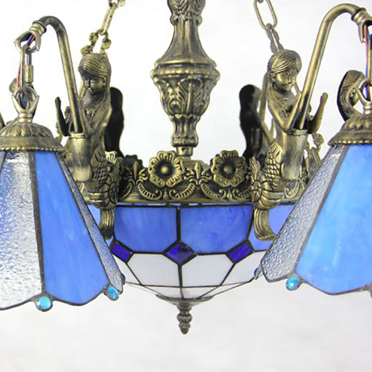Blue 9 Lights Pendant Chandelier Tiffany Stained Glass Conical Hanging Light for Dining Room Clearhalo 'Ceiling Lights' 'Chandeliers' 'Industrial' 'Middle Century Chandeliers' 'Tiffany Chandeliers' 'Tiffany close to ceiling' 'Tiffany' Lighting' 94582