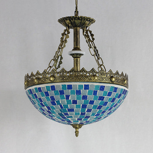 Modern Mosaic Bowl Suspension Light Stained Glass Pendant Lamp in Antique Brass for Library Blue Clearhalo 'Ceiling Lights' 'Chandeliers' 'Industrial' 'Middle Century Chandeliers' 'Tiffany Chandeliers' 'Tiffany close to ceiling' 'Tiffany' Lighting' 94588