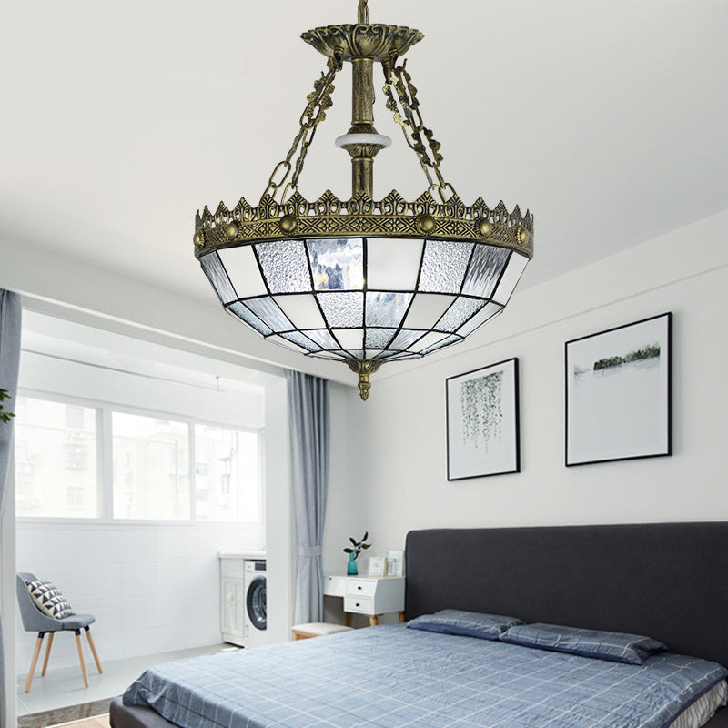 Stained Glass Bowl Pendant Lamp with Adjustable Chain 3 Lights Hanging Light in Brass White Clearhalo 'Ceiling Lights' 'Chandeliers' 'Industrial' 'Middle Century Chandeliers' 'Tiffany Chandeliers' 'Tiffany close to ceiling' 'Tiffany' Lighting' 94592