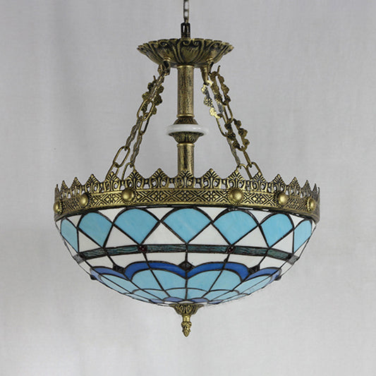 Baroque Bowl Hanging Pendant Light Stained Glass 3 Bulbs Indoor Hanging Light in Blue for Library Blue Clearhalo 'Ceiling Lights' 'Chandeliers' 'Industrial' 'Island Lights' 'Middle Century Chandeliers' 'Tiffany Chandeliers' 'Tiffany close to ceiling' 'Tiffany' Lighting' 94599