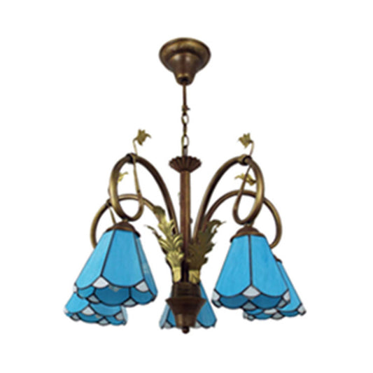 Stain Glass Cone Ceiling Pendant 5 Lights Traditional Hanging Chandelier in Blue for Foyer Clearhalo 'Ceiling Lights' 'Chandeliers' 'Industrial' 'Middle Century Chandeliers' 'Tiffany Chandeliers' 'Tiffany close to ceiling' 'Tiffany' Lighting' 94684