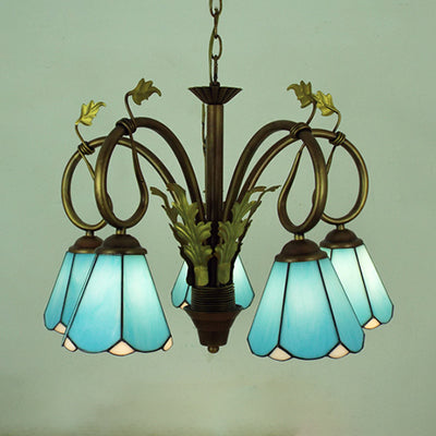 Stain Glass Cone Ceiling Pendant 5 Lights Traditional Hanging Chandelier in Blue for Foyer Blue Clearhalo 'Ceiling Lights' 'Chandeliers' 'Industrial' 'Middle Century Chandeliers' 'Tiffany Chandeliers' 'Tiffany close to ceiling' 'Tiffany' Lighting' 94685