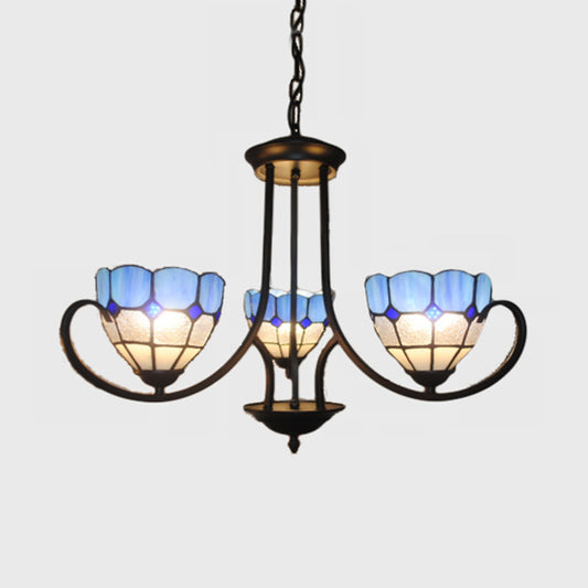 Baroque Bowl Hanging Ceiling Light 3 Lights Stained Glass Pendant Lighting in Blue for Foyer Clearhalo 'Ceiling Lights' 'Chandeliers' 'Industrial' 'Middle Century Chandeliers' 'Tiffany Chandeliers' 'Tiffany close to ceiling' 'Tiffany' Lighting' 94732