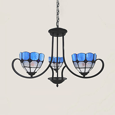 Baroque Bowl Hanging Ceiling Light 3 Lights Stained Glass Pendant Lighting in Blue for Foyer Clearhalo 'Ceiling Lights' 'Chandeliers' 'Industrial' 'Middle Century Chandeliers' 'Tiffany Chandeliers' 'Tiffany close to ceiling' 'Tiffany' Lighting' 94733