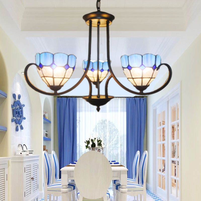 Baroque Bowl Hanging Ceiling Light 3 Lights Stained Glass Pendant Lighting in Blue for Foyer Blue Clearhalo 'Ceiling Lights' 'Chandeliers' 'Industrial' 'Middle Century Chandeliers' 'Tiffany Chandeliers' 'Tiffany close to ceiling' 'Tiffany' Lighting' 94734