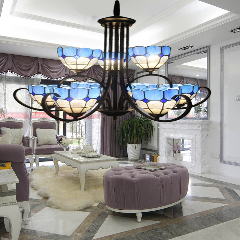Multi Light Bowl Chandelier Light Blue Glass Ceiling Pendant Light in Black Finish for Living Room Blue Clearhalo 'Ceiling Lights' 'Chandeliers' 'Industrial' 'Middle Century Chandeliers' 'Tiffany Chandeliers' 'Tiffany close to ceiling' 'Tiffany' Lighting' 94738