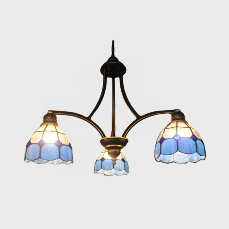 Domed Indoor Chandelier Light 3 Lights Stained Glass Hanging Light in Blue for Dining Table Clearhalo 'Ceiling Lights' 'Chandeliers' 'Industrial' 'Middle Century Chandeliers' 'Tiffany Chandeliers' 'Tiffany close to ceiling' 'Tiffany' Lighting' 94741