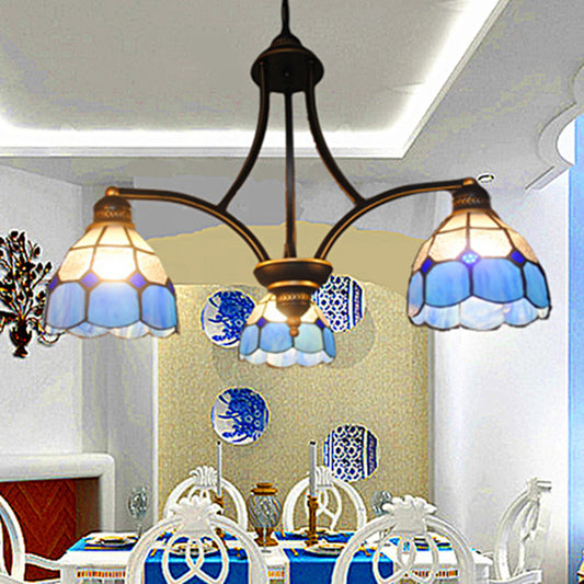 Domed Indoor Chandelier Light 3 Lights Stained Glass Hanging Light in Blue for Dining Table Blue Clearhalo 'Ceiling Lights' 'Chandeliers' 'Industrial' 'Middle Century Chandeliers' 'Tiffany Chandeliers' 'Tiffany close to ceiling' 'Tiffany' Lighting' 94742