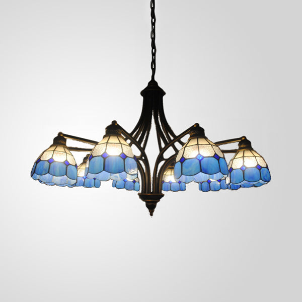 Dome Chandelier Lighting Mediterranean 8 Lights Blue Glass Ceiling Pendant Light for Dining Table Clearhalo 'Ceiling Lights' 'Chandeliers' 'Close To Ceiling Lights' 'Industrial' 'Middle Century Chandeliers' 'Tiffany Chandeliers' 'Tiffany close to ceiling' 'Tiffany' Lighting' 94746
