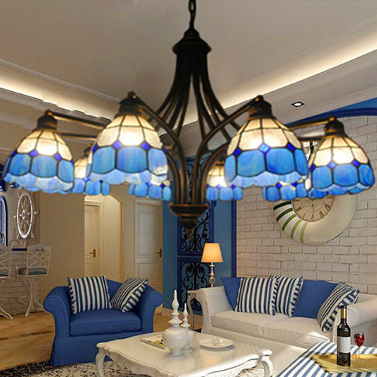 Dome Chandelier Lighting Mediterranean 8 Lights Blue Glass Ceiling Pendant Light for Dining Table Blue Clearhalo 'Ceiling Lights' 'Chandeliers' 'Close To Ceiling Lights' 'Industrial' 'Middle Century Chandeliers' 'Tiffany Chandeliers' 'Tiffany close to ceiling' 'Tiffany' Lighting' 94747