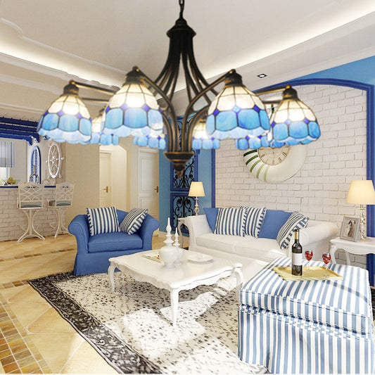 Dome Chandelier Lighting Mediterranean 8 Lights Blue Glass Ceiling Pendant Light for Dining Table Clearhalo 'Ceiling Lights' 'Chandeliers' 'Close To Ceiling Lights' 'Industrial' 'Middle Century Chandeliers' 'Tiffany Chandeliers' 'Tiffany close to ceiling' 'Tiffany' Lighting' 94748