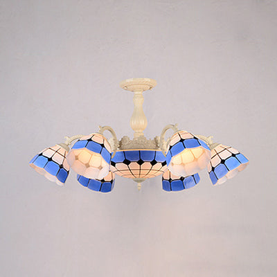 Blue Semi Globe Ceiling Chandelier Stained Glass Multi Light Indoor Lighting Fixture for Bedroom Clearhalo 'Ceiling Lights' 'Close To Ceiling Lights' 'Close to ceiling' 'Glass shade' 'Glass' 'Semi-flushmount' 'Tiffany close to ceiling' 'Tiffany' Lighting' 94830
