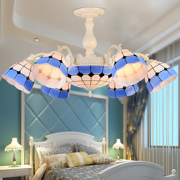Blue Semi Globe Ceiling Chandelier Stained Glass Multi Light Indoor Lighting Fixture for Bedroom Blue Clearhalo 'Ceiling Lights' 'Close To Ceiling Lights' 'Close to ceiling' 'Glass shade' 'Glass' 'Semi-flushmount' 'Tiffany close to ceiling' 'Tiffany' Lighting' 94831